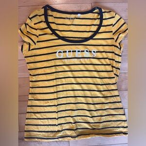 Guess Yellow and Black Striped Logo Tee